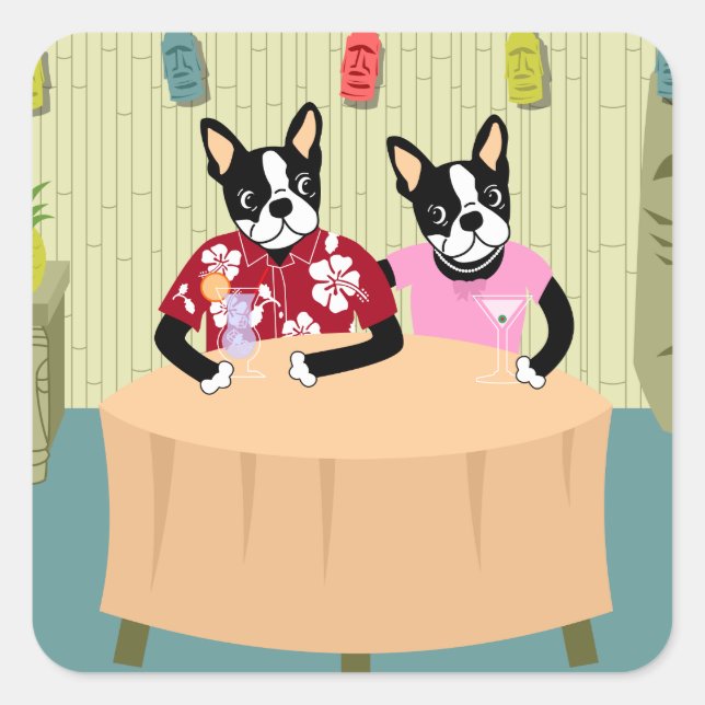 Pegatina Cuadrada Boston Terrier Boy y Chica (Anverso)