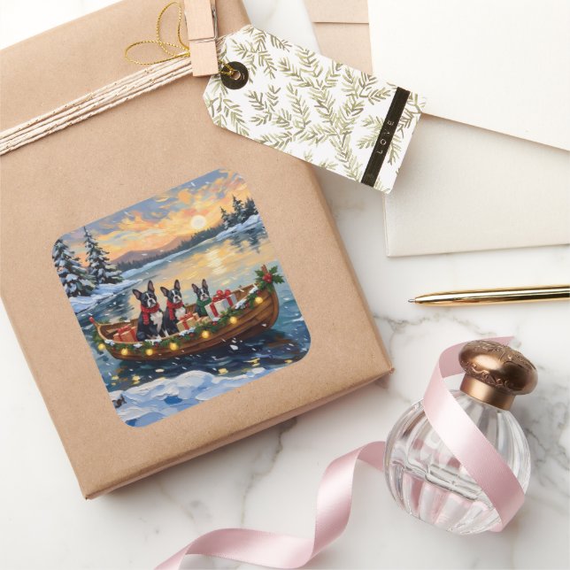 Pegatina Cuadrada Boston Terrier Christmas Boat Holiday (Regalar)