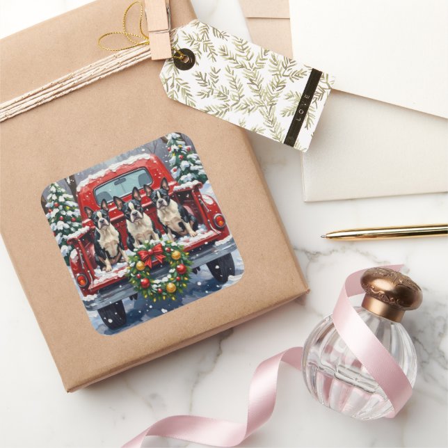 Pegatina Cuadrada Boston Terrier Christmas Red Truck Holiday (Regalar)