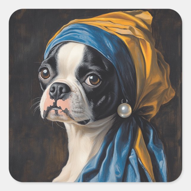 Pegatina Cuadrada Boston Terrier con la parodia de Pearl Earring (Anverso)