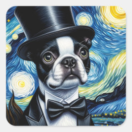 Pegatina Cuadrada Boston Terrier en un Tophat Van Gogh