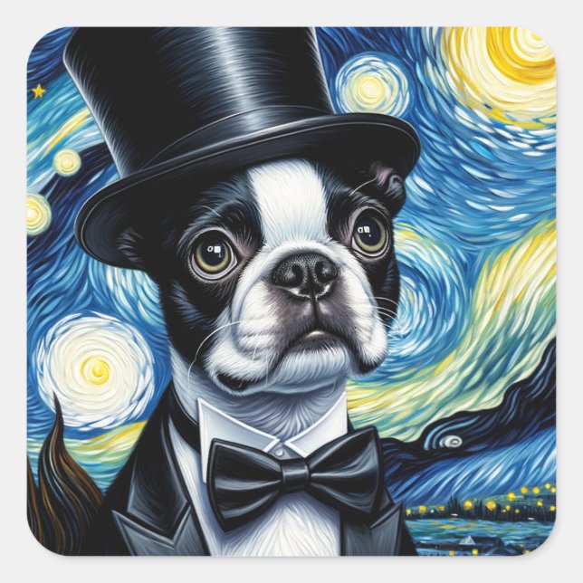 Pegatina Cuadrada Boston Terrier en un Tophat Van Gogh (Anverso)