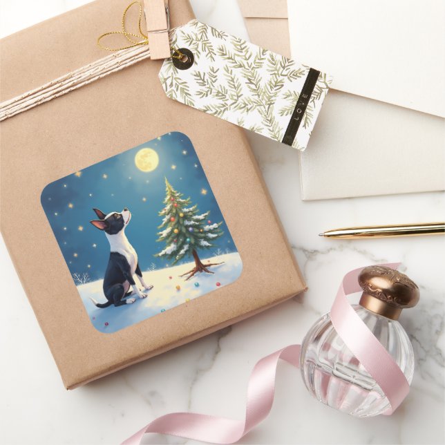 Pegatina Cuadrada Boston Terrier Midnight Star-Gazing Christmas (Regalar)