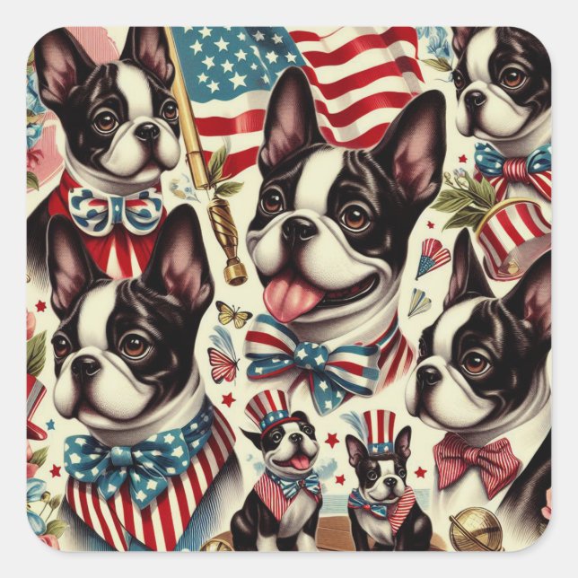 Pegatina Cuadrada Boston Terrier Vintage Seamless Ilustracion (Anverso)