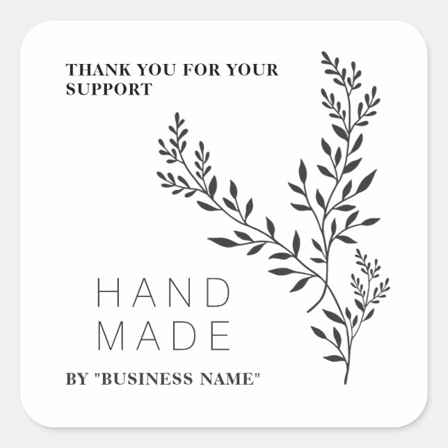 Pegatina Cuadrada Botanical Branches White Simple Handmade Business (Anverso)