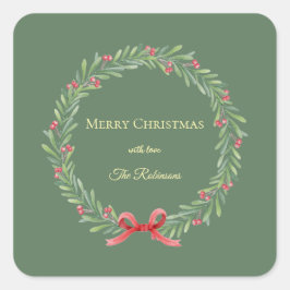 Pegatina Cuadrada Botanical Christmas Wreath Modern Script 