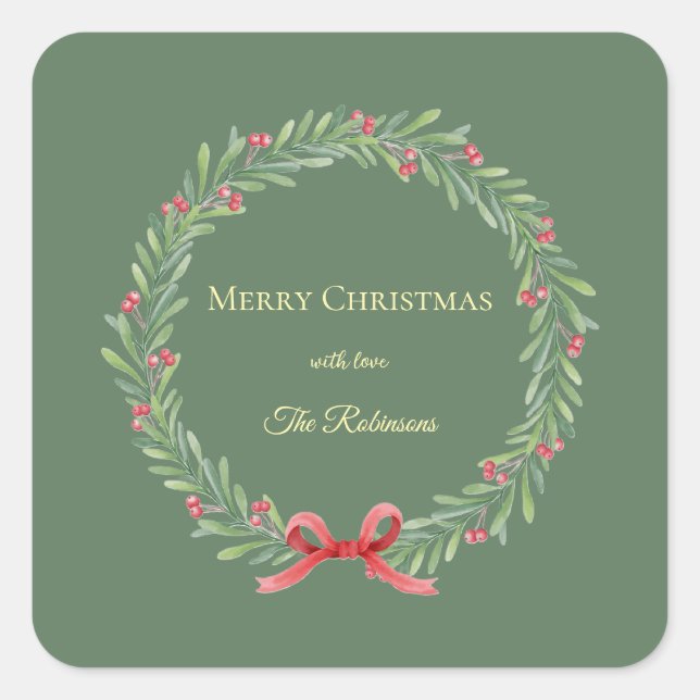 Pegatina Cuadrada Botanical Christmas Wreath Modern Script  (Anverso)