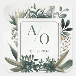 Pegatina Cuadrada Botanical Greenery Wedding Monogram 