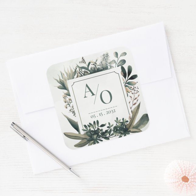 Pegatina Cuadrada Botanical Greenery Wedding Monogram  (Sobre)