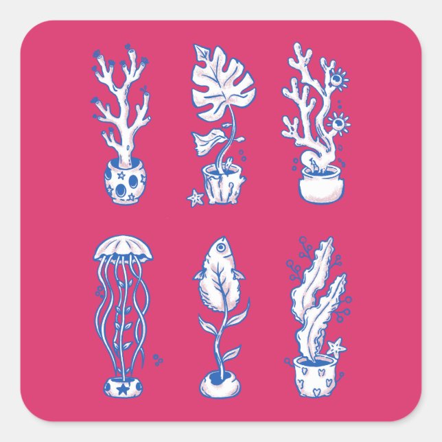 Pegatina Cuadrada Botánicas Oceánicas Surrealistas (Anverso)
