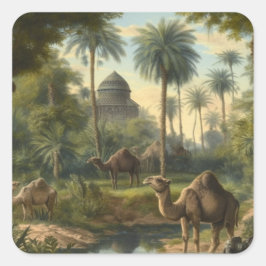 Pegatina Cuadrada Botánico: dromedarios en la selva cerca de un río