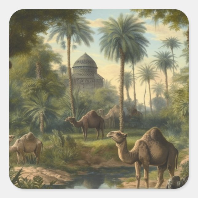 Pegatina Cuadrada Botánico: dromedarios en la selva cerca de un río (Anverso)