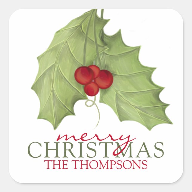Pegatina Cuadrada Botánico Holly Berries Pintado de vegetación 1 Fot (Anverso)