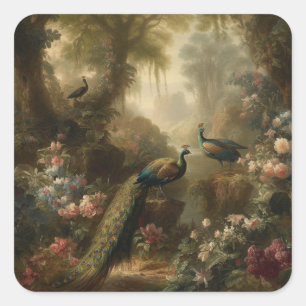 Pegatina Cuadrada Botánico: tres pavos reales en jardín inglés
