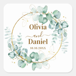 Pegatina Cuadrada Botánico Verde Dorado Save the Date Personalizado