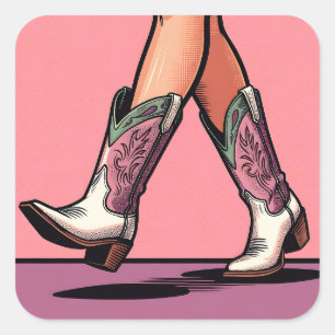 Pegatina Cuadrada Botas de Vaquera Andando Coquette Arte Pop Pegatin