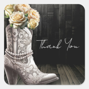 Pegatina Cuadrada Botas de Vaquera con Encaje y Flores Blancas Bodas