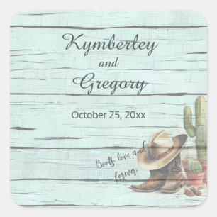 Pegatina Cuadrada Botas de vaquero con sombrero de turquesa rústica