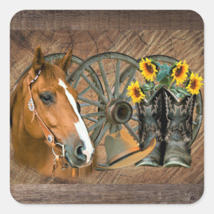 Pegatina Cuadrada Botas de vaquero de caballo rueda de carro girasol
