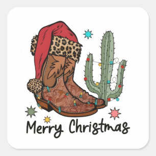 Pegatina Cuadrada Botas occidentales Santa Feliz Navidad Botas Navid