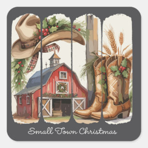 Pegatina Cuadrada Botas vaqueras de Navidad de pueblo pequeño retro