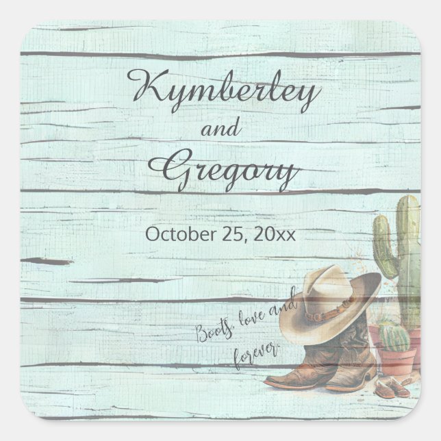 Pegatina Cuadrada Botas vaqueras de turquesa rústico Sombrero (Anverso)