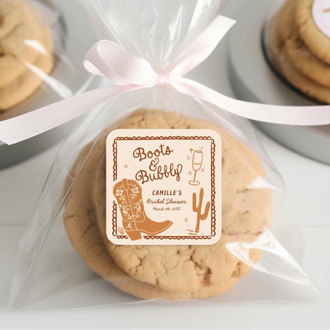 Pegatina Cuadrada Botas y Burbujas Dibujado a Mano Western (Boots and Bubbly Hand Drawn Whimsical Bridal Shower sticker)