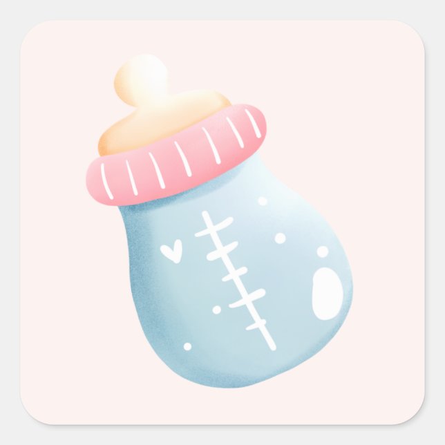 Pegatina Cuadrada Botella de bebé azul y rosa (Anverso)