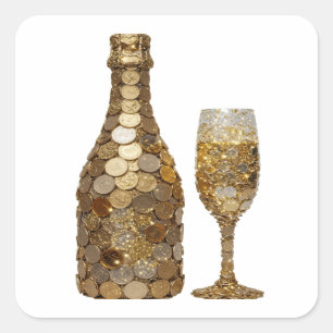 Pegatina Cuadrada Botella de dinero y vaso de plata brillante impres