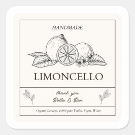 Pegatina Cuadrada Botella de Limoncello, Boda de limón artesanal mod