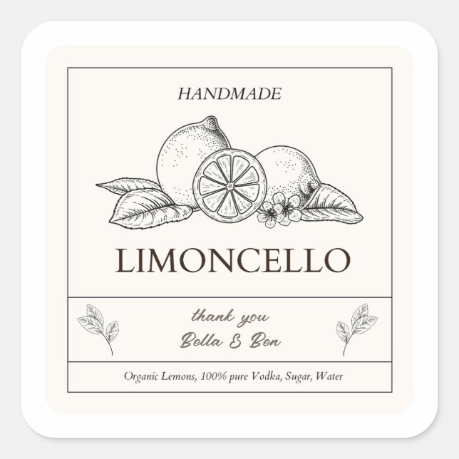 Pegatina Cuadrada Botella de Limoncello, Boda de limón artesanal mod (Anverso)