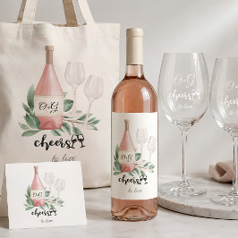 Pegatina Cuadrada Botella de Rosa Rosada con Monograma Brindis por e