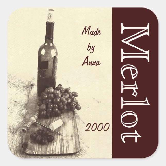 Pegatina Cuadrada Botella de vino, corchos, corcho y uvas (Anverso)
