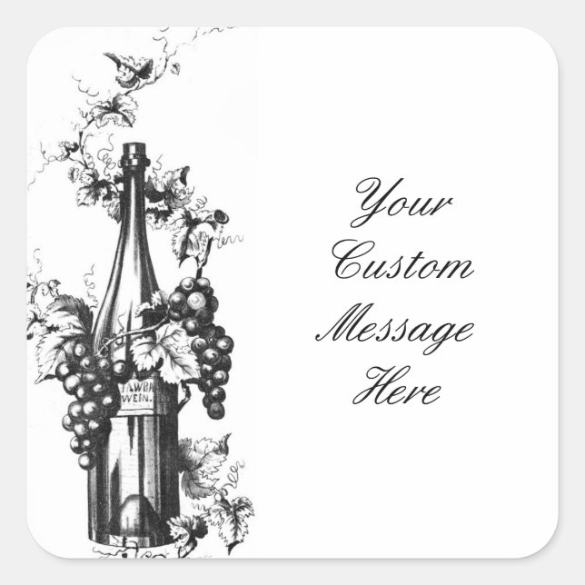 Pegatina Cuadrada Botella de vino de época con uvas y hojas de 1873 (Anverso)