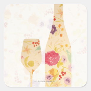 Pegatina Cuadrada Botella de vino y vidrio