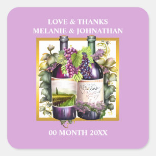 Pegatina Cuadrada Botellas de vino acuarela uvas lavanda viñedo