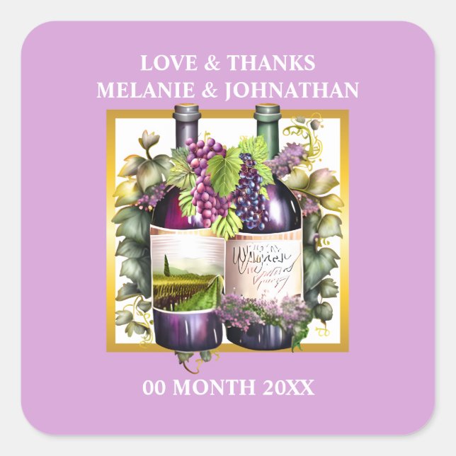 Pegatina Cuadrada Botellas de vino acuarela uvas lavanda viñedo (Anverso)