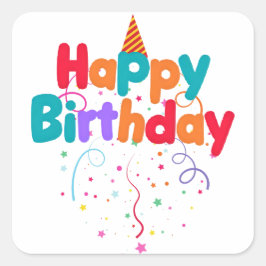 Pegatina Cuadrada Botón de Confeti de Feliz Cumpleaños