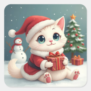 Pegatina Cuadrada Botón Gato de Navidades Blancos