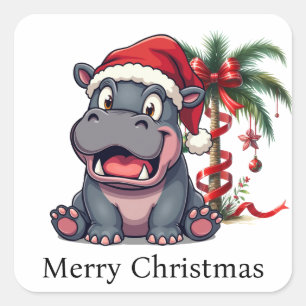 Pegatina Cuadrada botón Hippo Santa Holiday Cheer