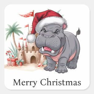 Pegatina Cuadrada botón Hippo Santa Holiday Cheer
