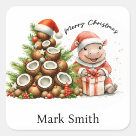 Pegatina Cuadrada botón Hippo Santa Holiday Cheer