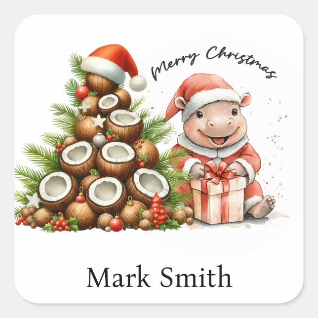Pegatina Cuadrada botón Hippo Santa Holiday Cheer (Anverso)
