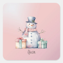 Pegatina Cuadrada botón Snowman rosa con paquetes
