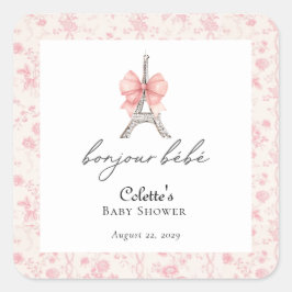 Pegatina Cuadrada Boujour Bebe Paris Francés Toile Pink Baby Shower