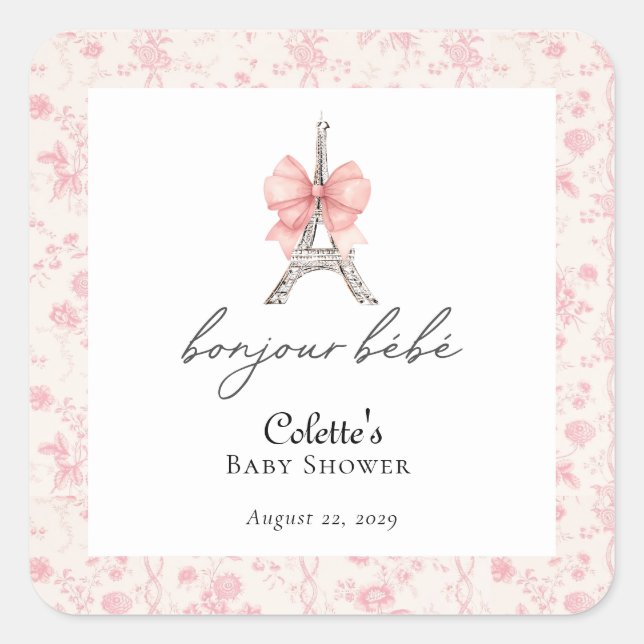 Pegatina Cuadrada Boujour Bebe Paris Francés Toile Pink Baby Shower (Anverso)