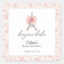 Pegatina Cuadrada Boujour Bebe Paris Francés Toile Pink Baby Shower
