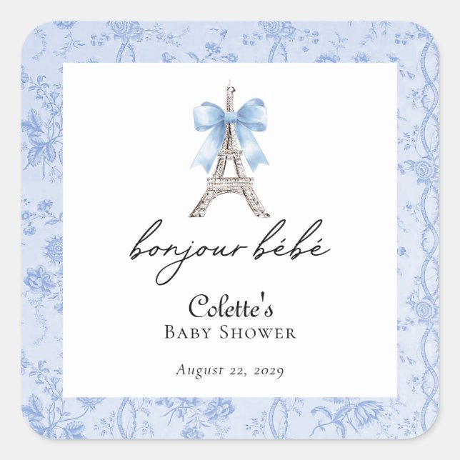Pegatina Cuadrada Boujour Bebe Paris French Toile Blue Baby Shower (Anverso)