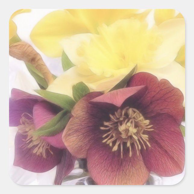 Pegatina Cuadrada Bouquet de primavera - Hellebores y Daffodils (Anverso)