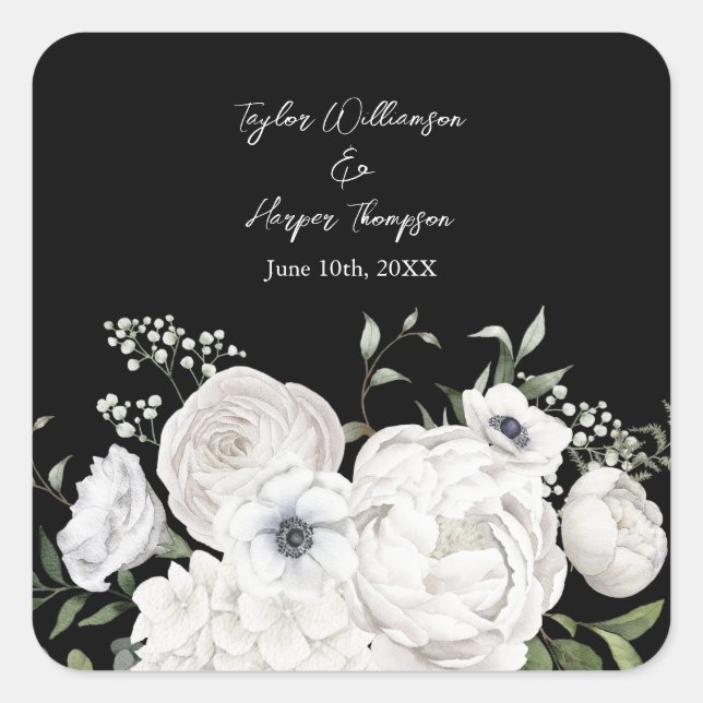 Pegatina Cuadrada Bouquet floral elegante blanco y negro moderno (Anverso)
